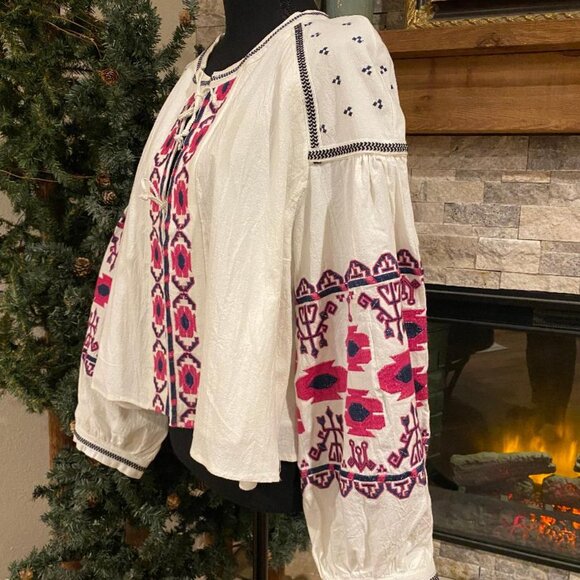 BBWM Woman White Embroidered Boho Peasant Lined Double Tie Front Jacket Size M - Picture 3 of 6